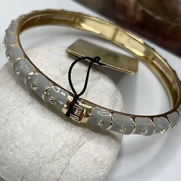 White Enamel Geometric Pattern Accented with Clear Crystals in Gold Hinged NWT - Picture 6 of 7